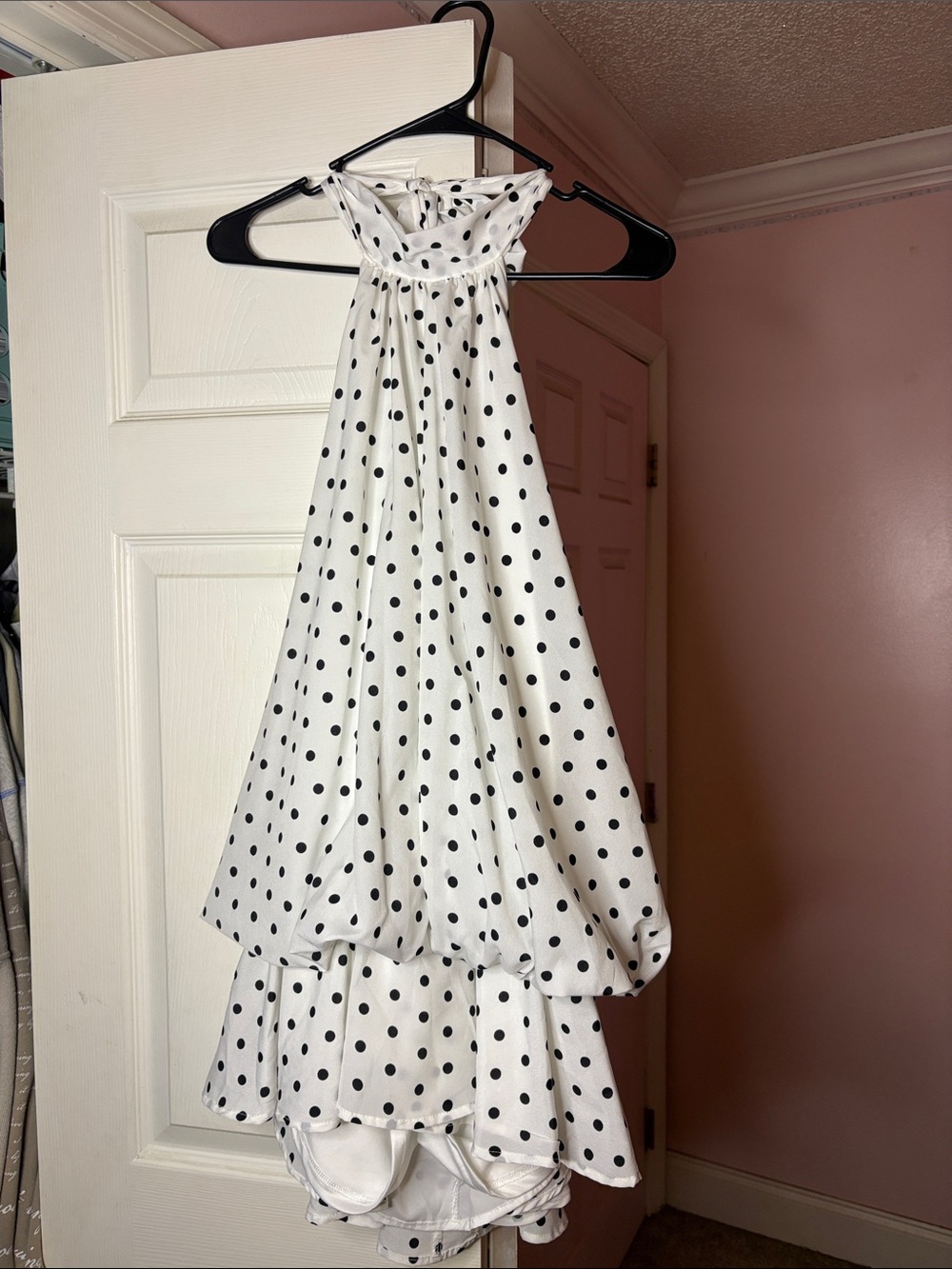 SHEIN White Halter Low Back Black Polka Dot Tiered Dress